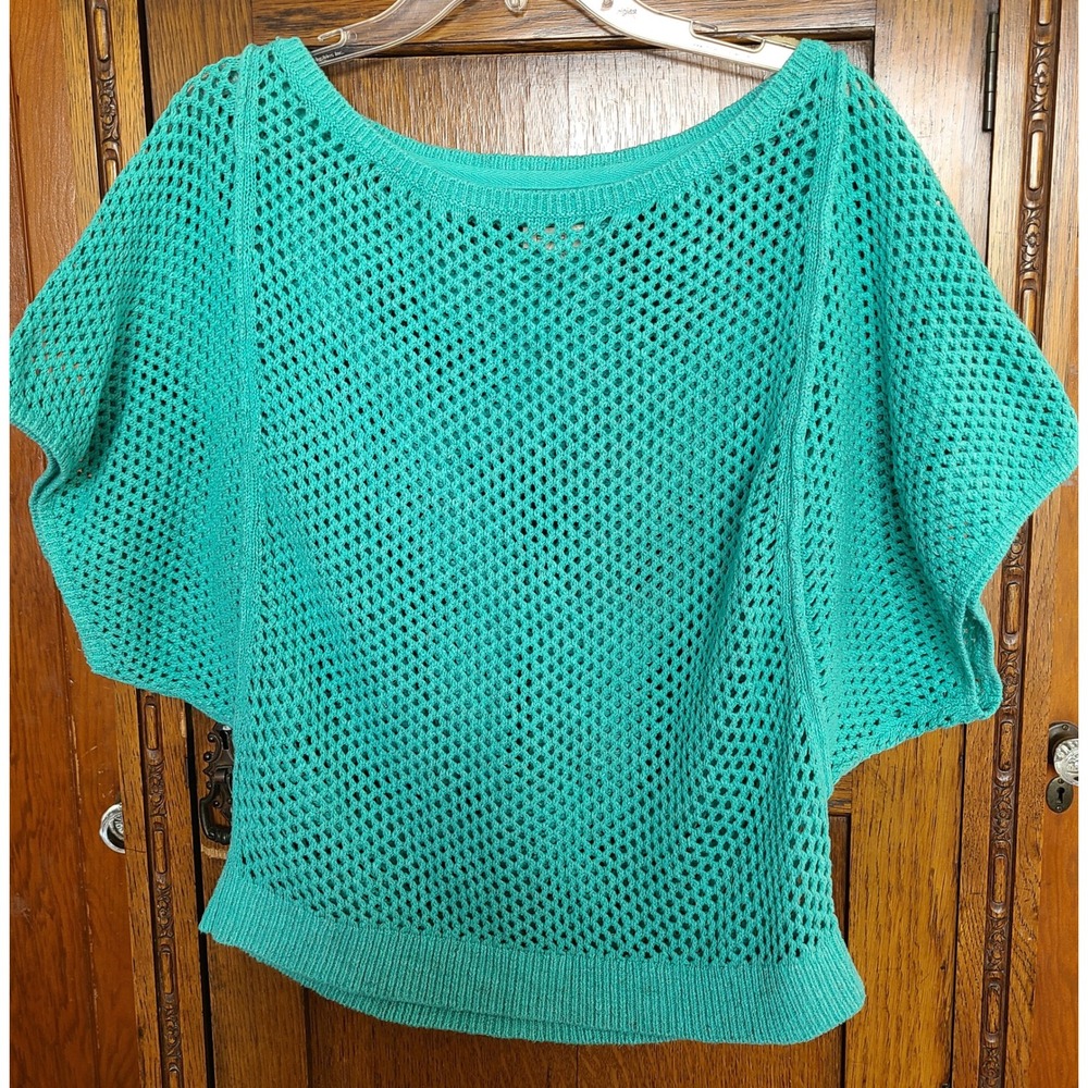 Pilcro Anthropologie Teal Green Open Knit Crochet Batwing Sweater Top Large